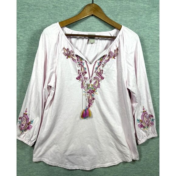 Chicos Womens Embroidered Paisley Tunic TopPink Boho Tassels Size 1 / M - Picture 1 of 6